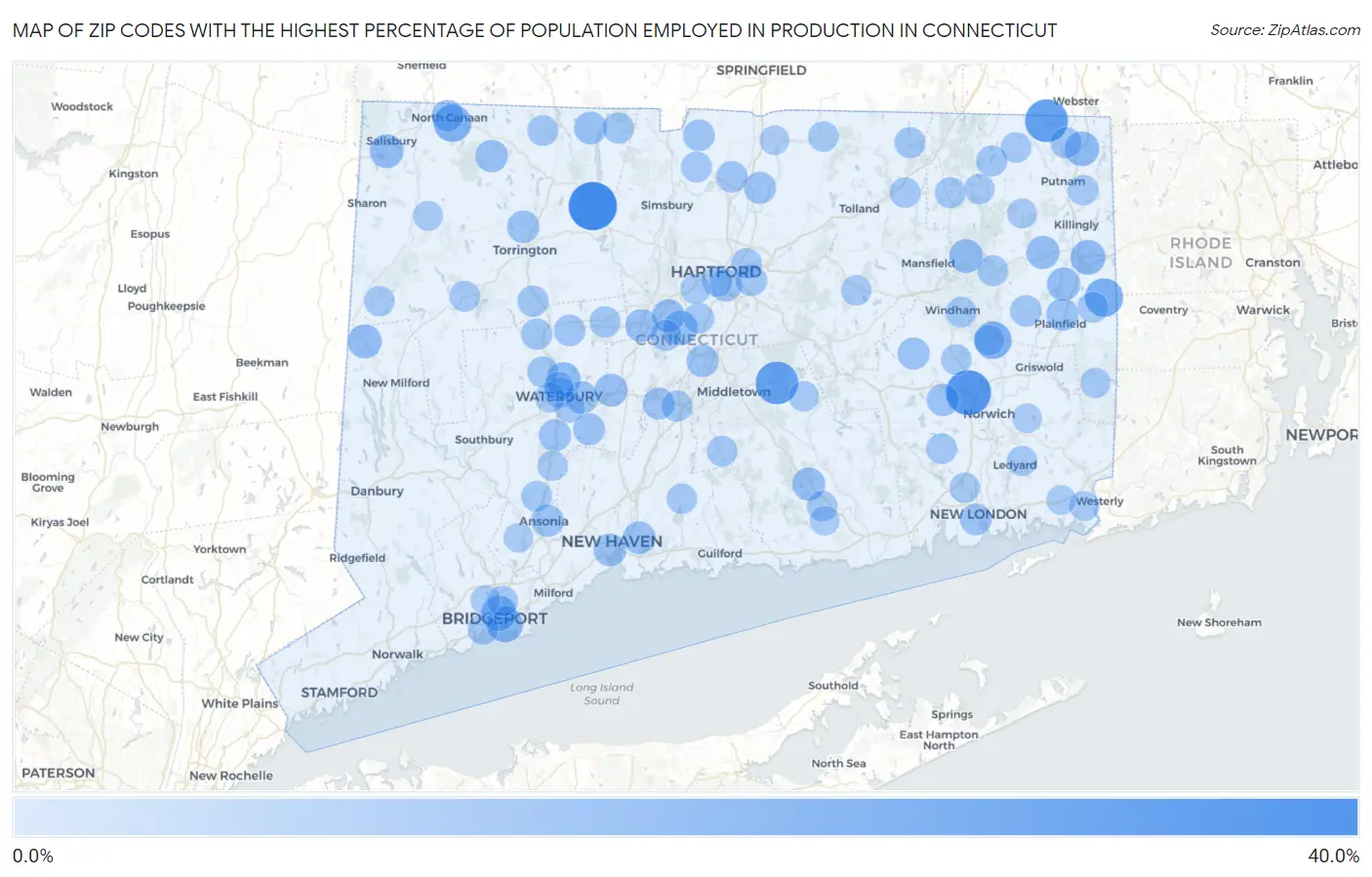 Zip Codes with the Highest Percentage of Population Employed in Production in Connecticut Map