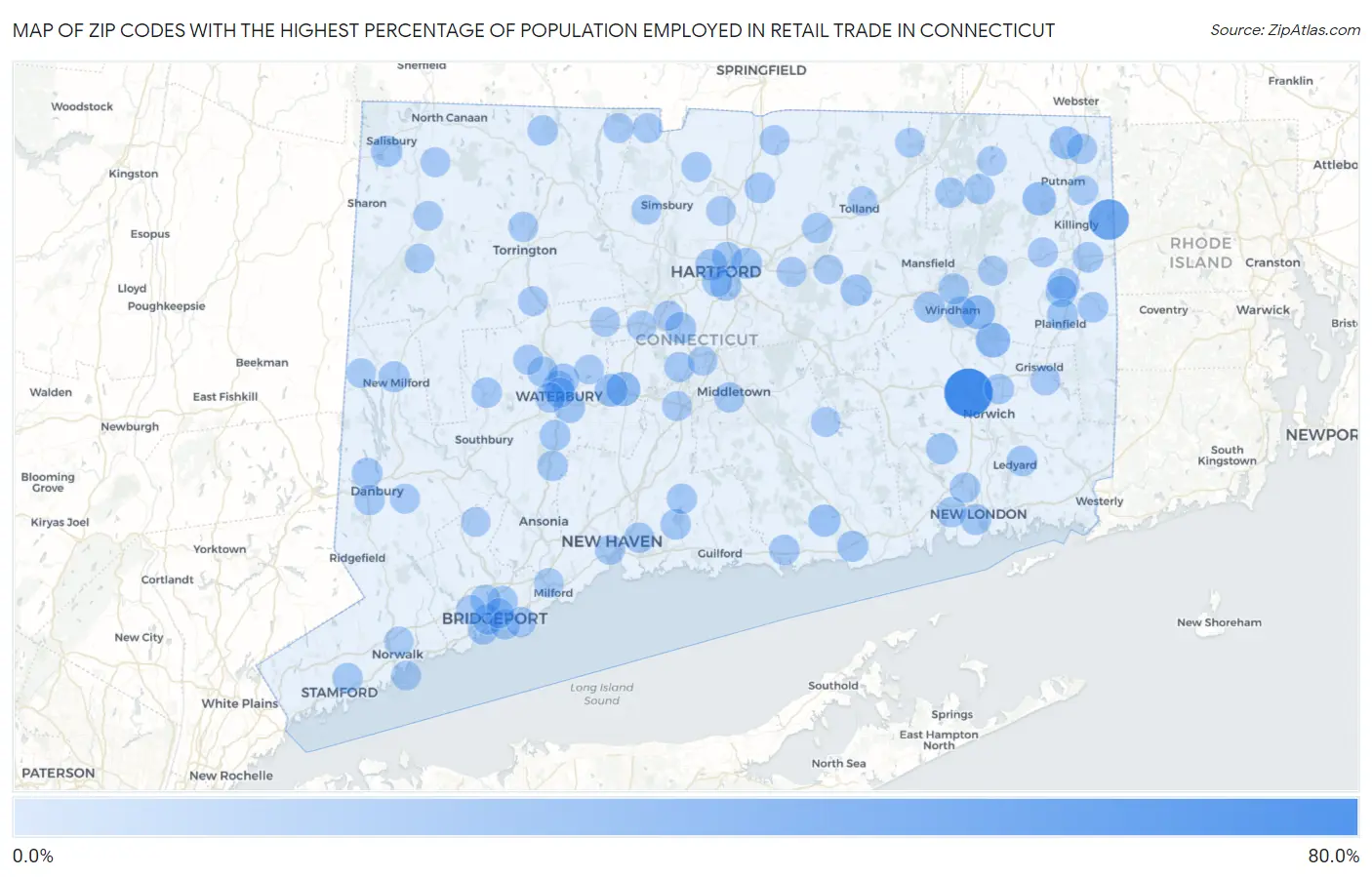 Zip Codes with the Highest Percentage of Population Employed in Retail Trade in Connecticut Map