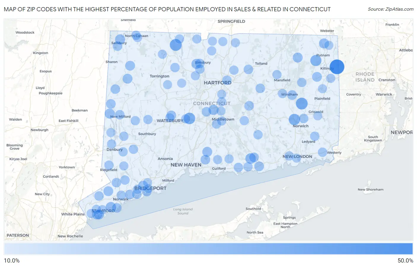 Zip Codes with the Highest Percentage of Population Employed in Sales & Related in Connecticut Map