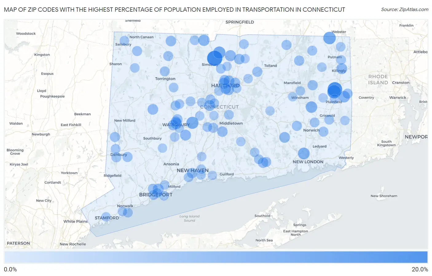 Zip Codes with the Highest Percentage of Population Employed in Transportation in Connecticut Map