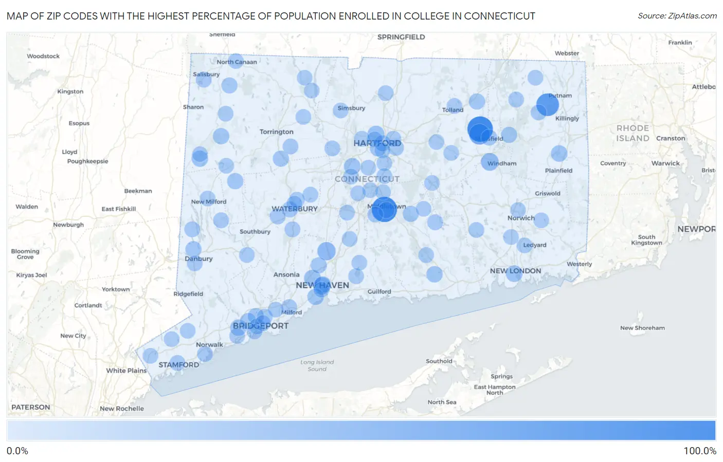 Zip Codes with the Highest Percentage of Population Enrolled in College in Connecticut Map