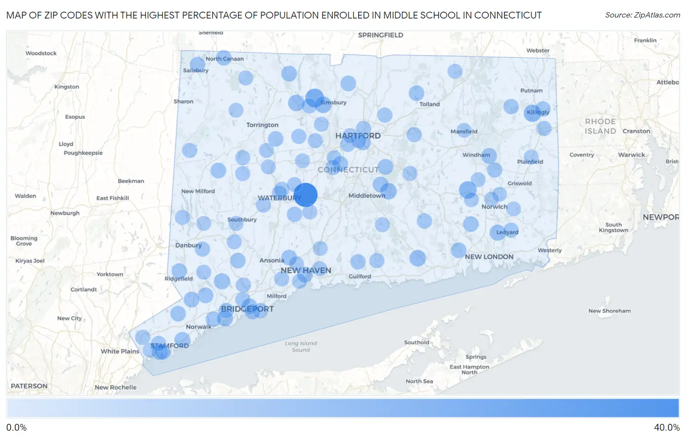 Zip Codes with the Highest Percentage of Population Enrolled in Middle School in Connecticut Map