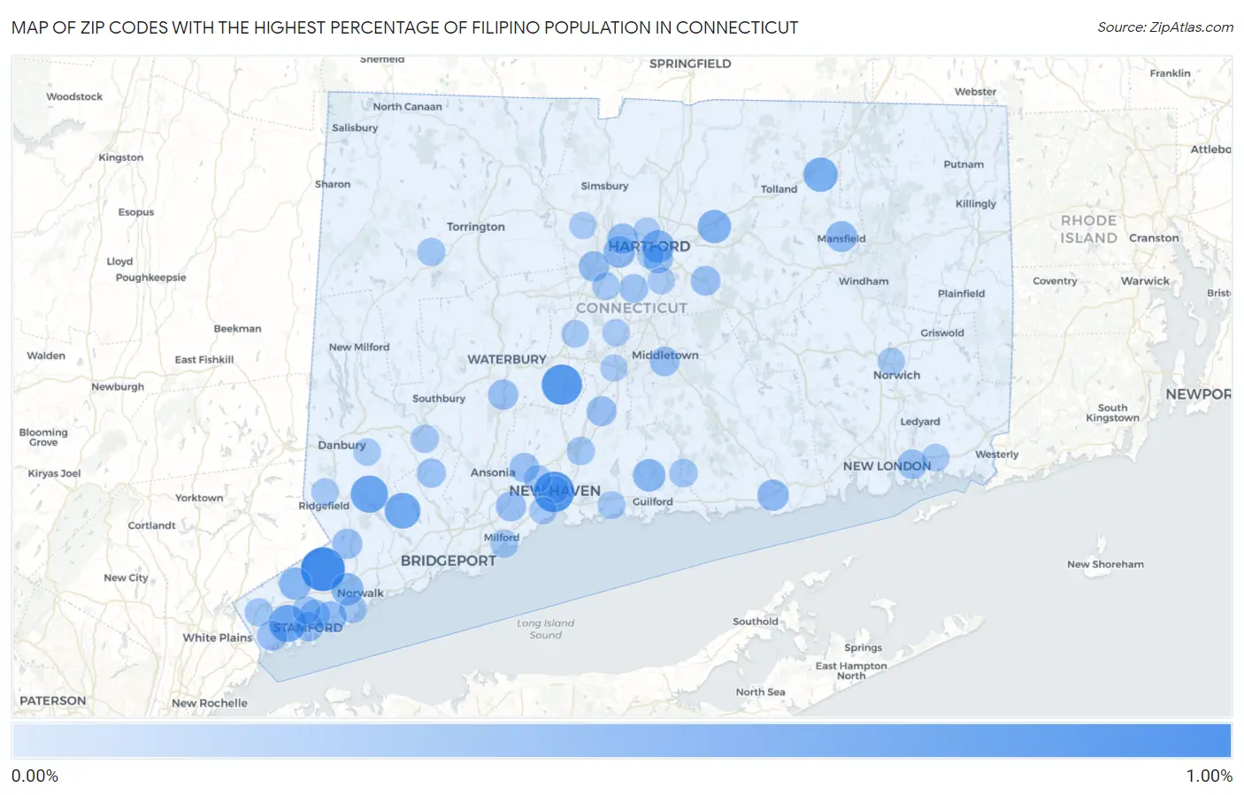 Zip Codes with the Highest Percentage of Filipino Population in Connecticut Map