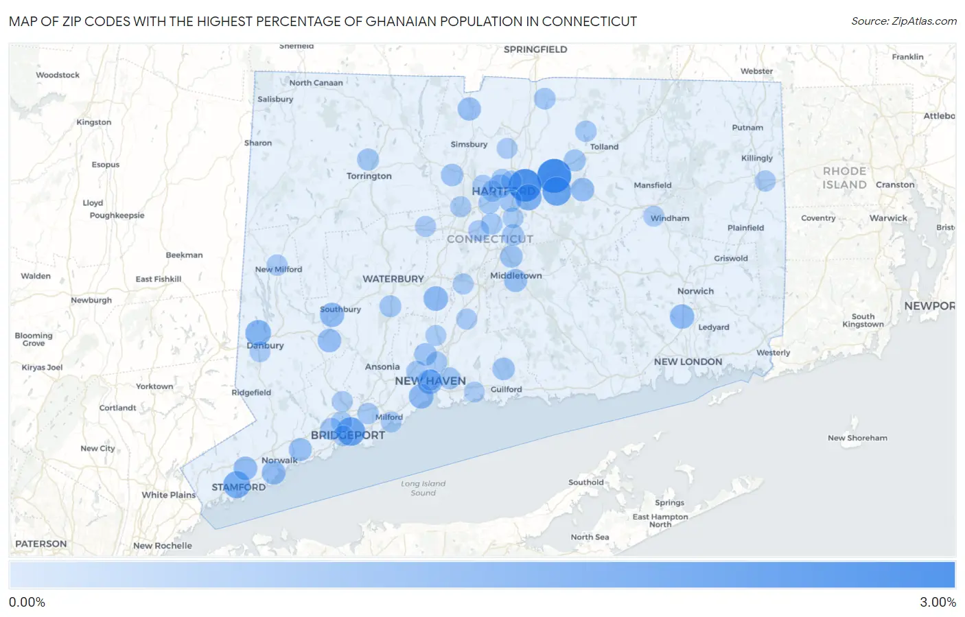 Zip Codes with the Highest Percentage of Ghanaian Population in Connecticut Map