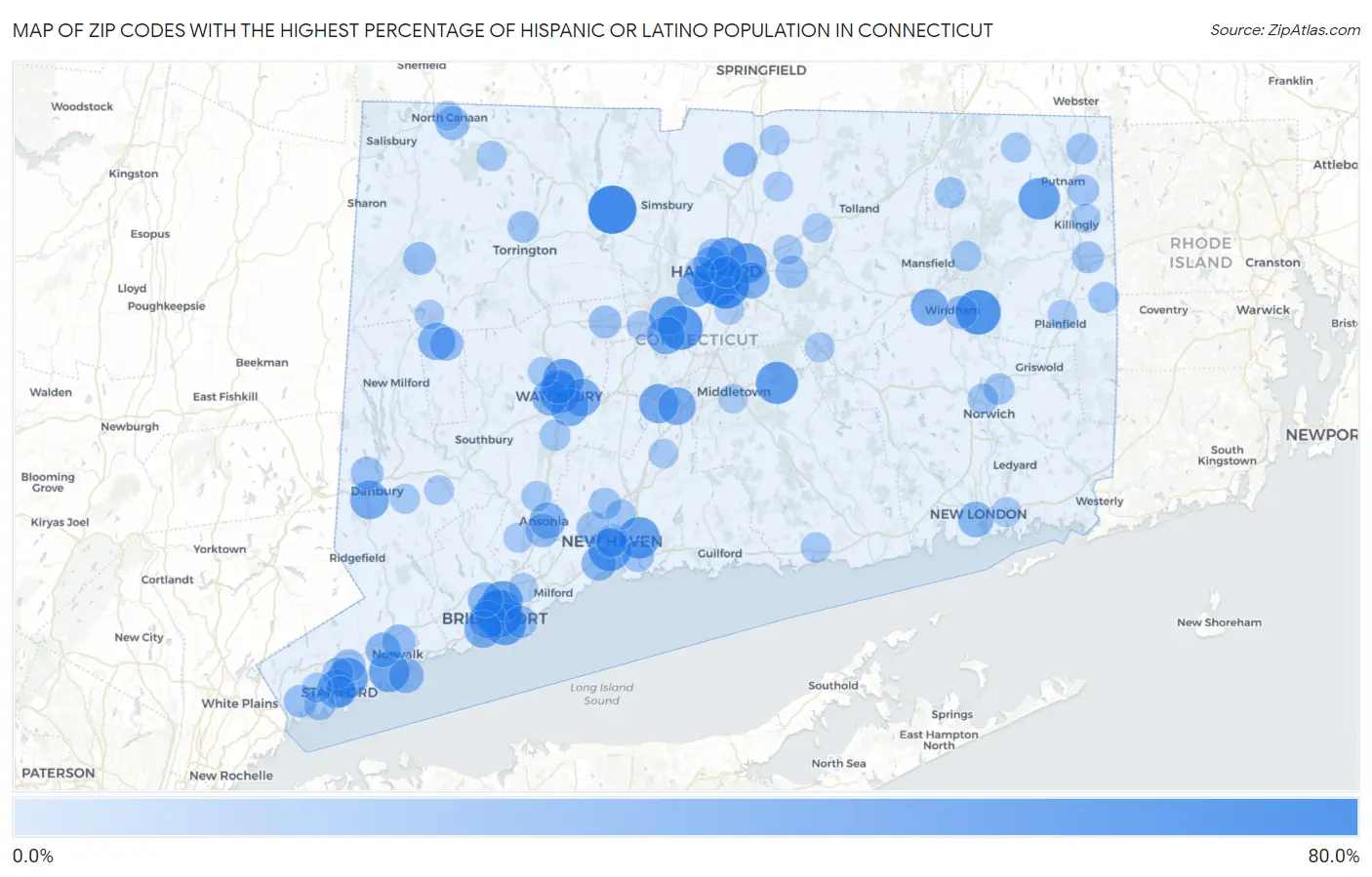 Zip Codes with the Highest Percentage of Hispanic or Latino Population in Connecticut Map
