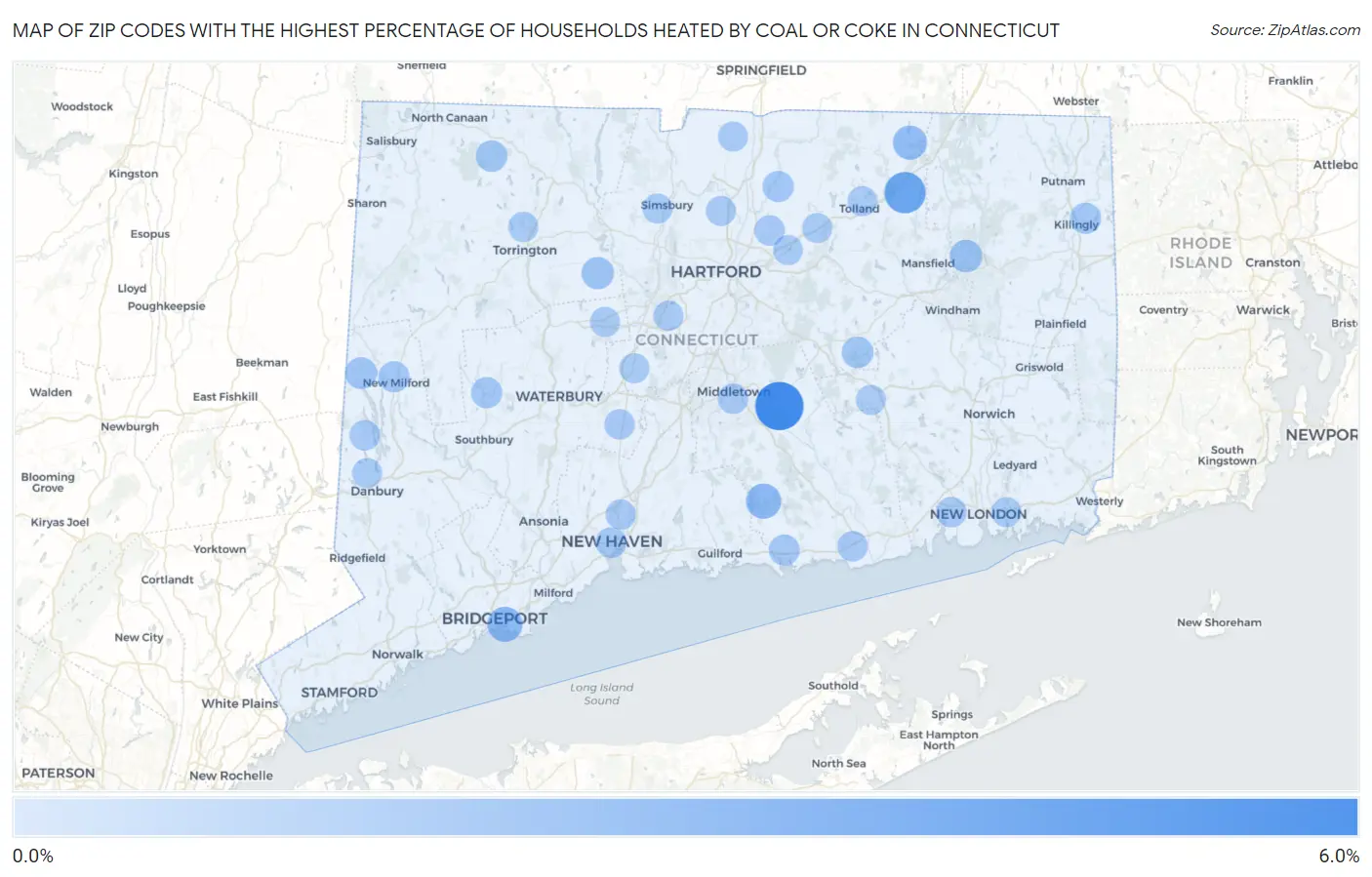 Zip Codes with the Highest Percentage of Households Heated by Coal or Coke in Connecticut Map
