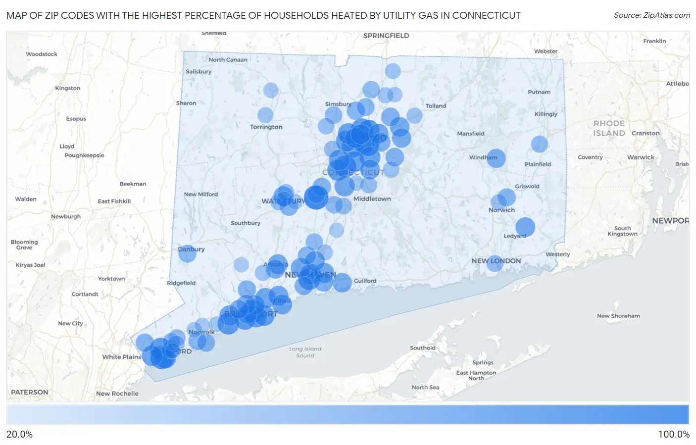 Zip Codes with the Highest Percentage of Households Heated by Utility Gas in Connecticut Map