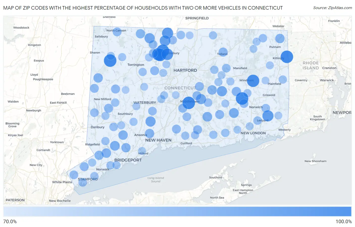 Zip Codes with the Highest Percentage of Households With Two or more Vehicles in Connecticut Map