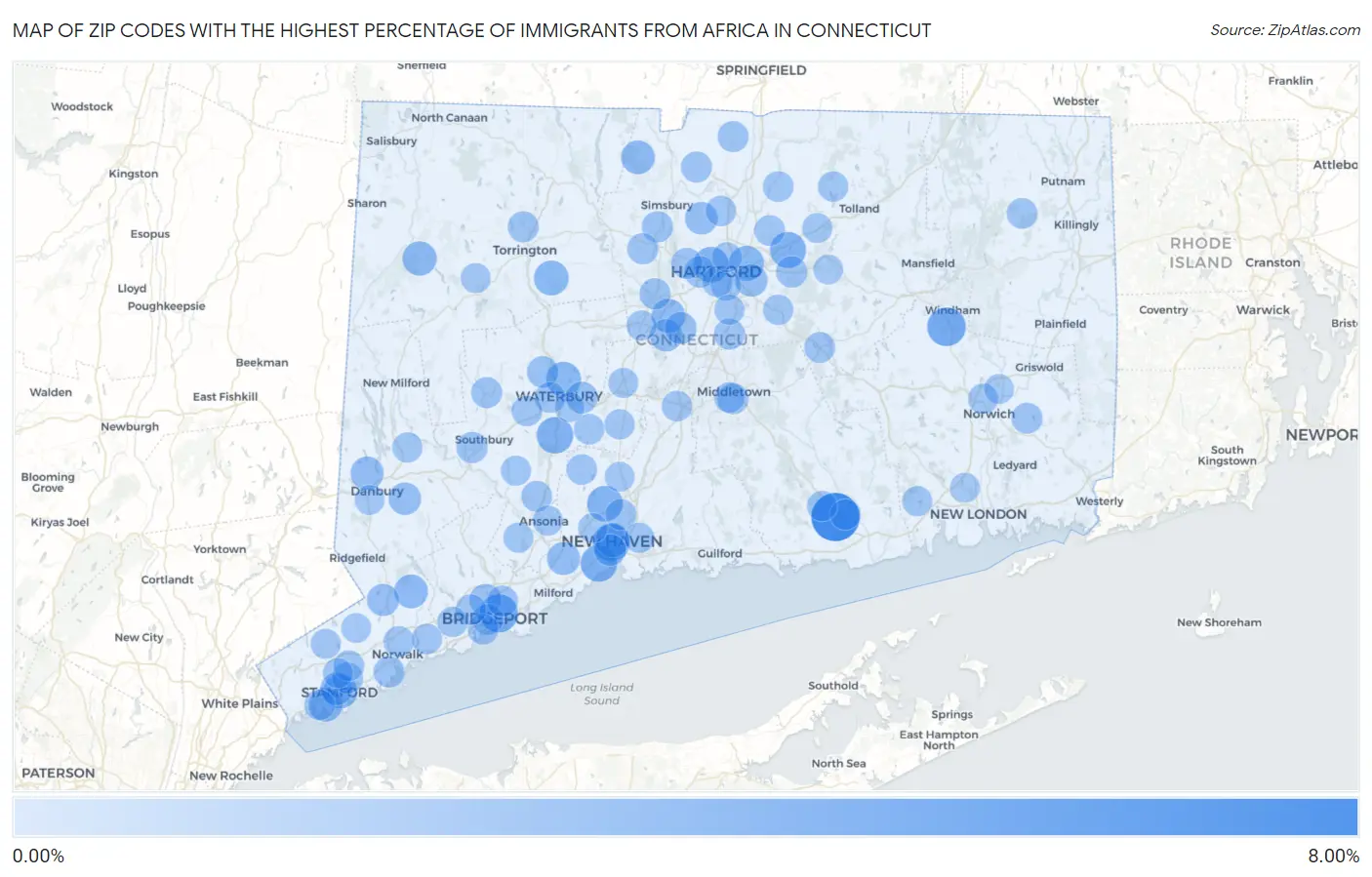 Zip Codes with the Highest Percentage of Immigrants from Africa in Connecticut Map