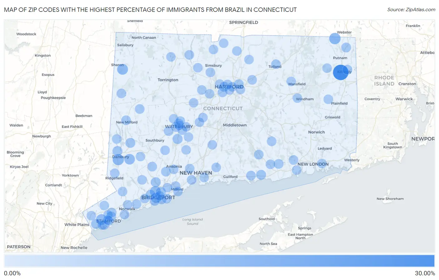 Zip Codes with the Highest Percentage of Immigrants from Brazil in Connecticut Map