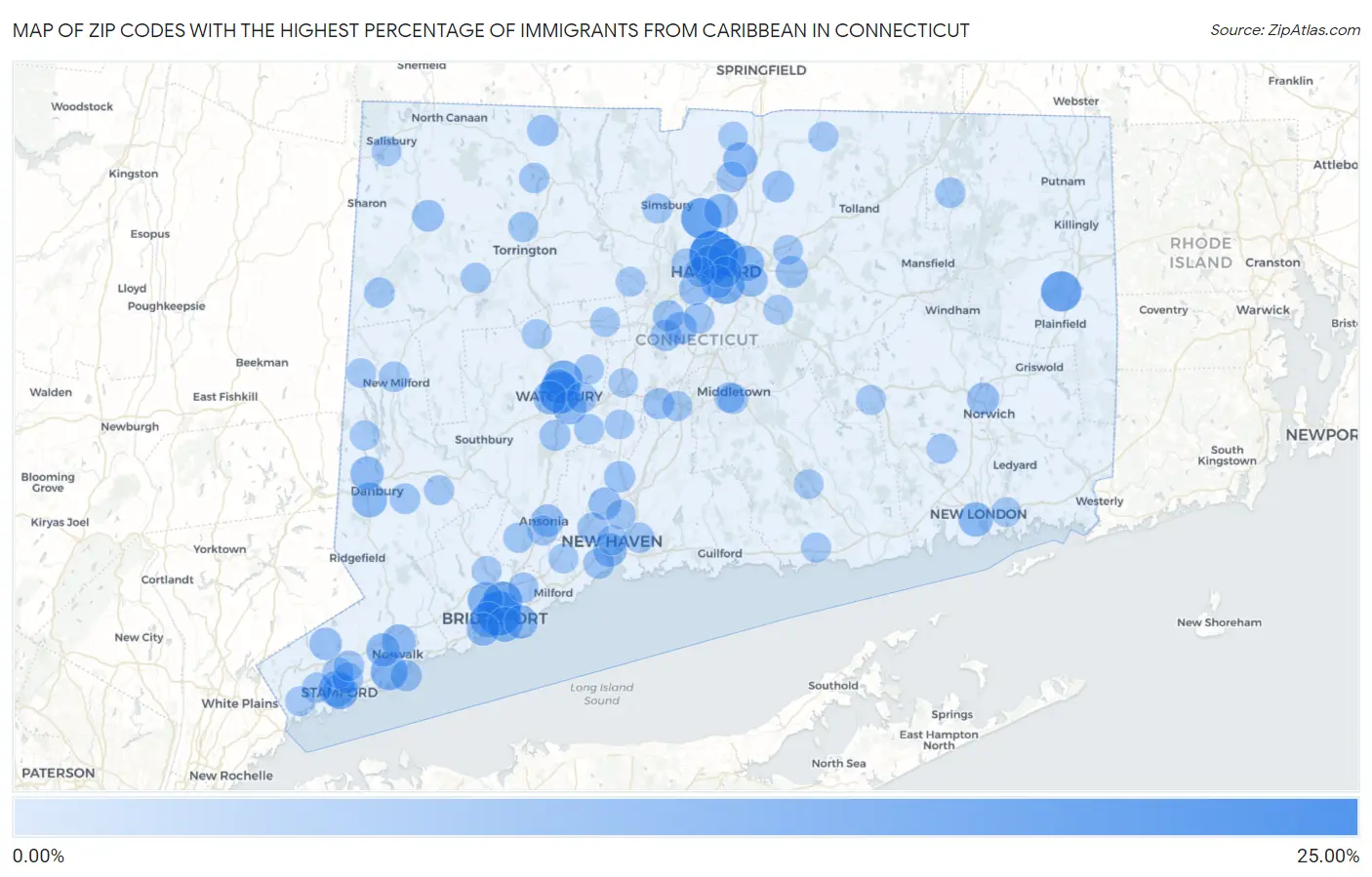 Zip Codes with the Highest Percentage of Immigrants from Caribbean in Connecticut Map