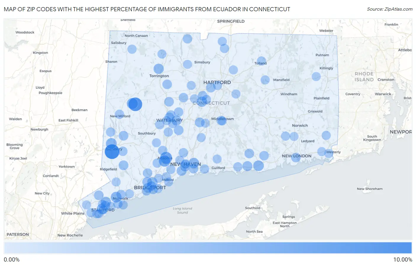 Zip Codes with the Highest Percentage of Immigrants from Ecuador in Connecticut Map