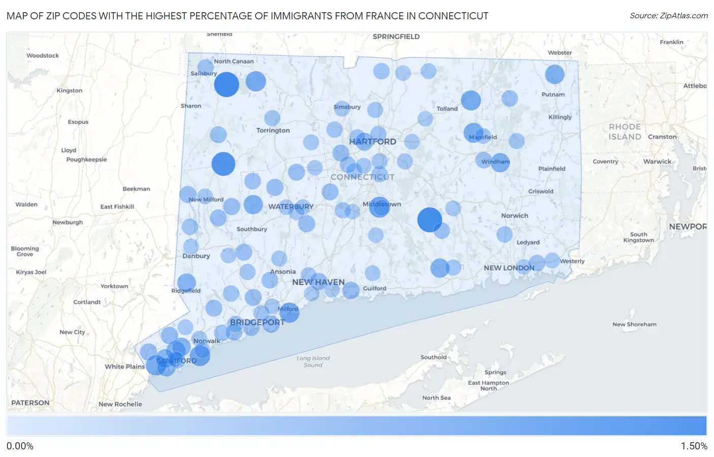 Zip Codes with the Highest Percentage of Immigrants from France in Connecticut Map