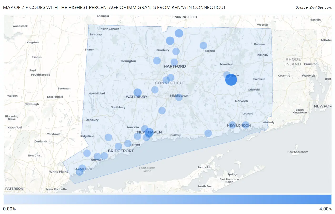 Zip Codes with the Highest Percentage of Immigrants from Kenya in Connecticut Map