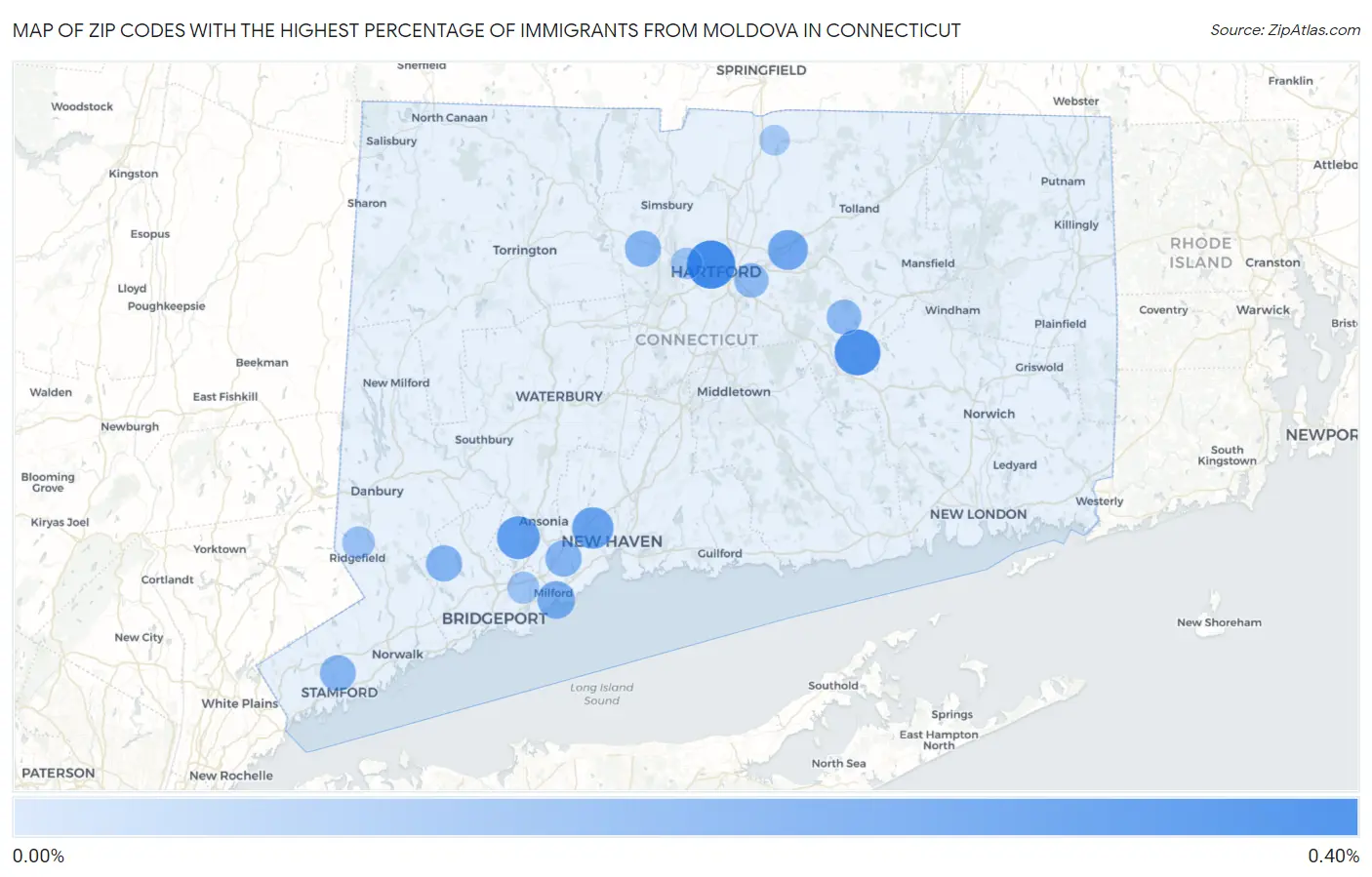 Zip Codes with the Highest Percentage of Immigrants from Moldova in Connecticut Map