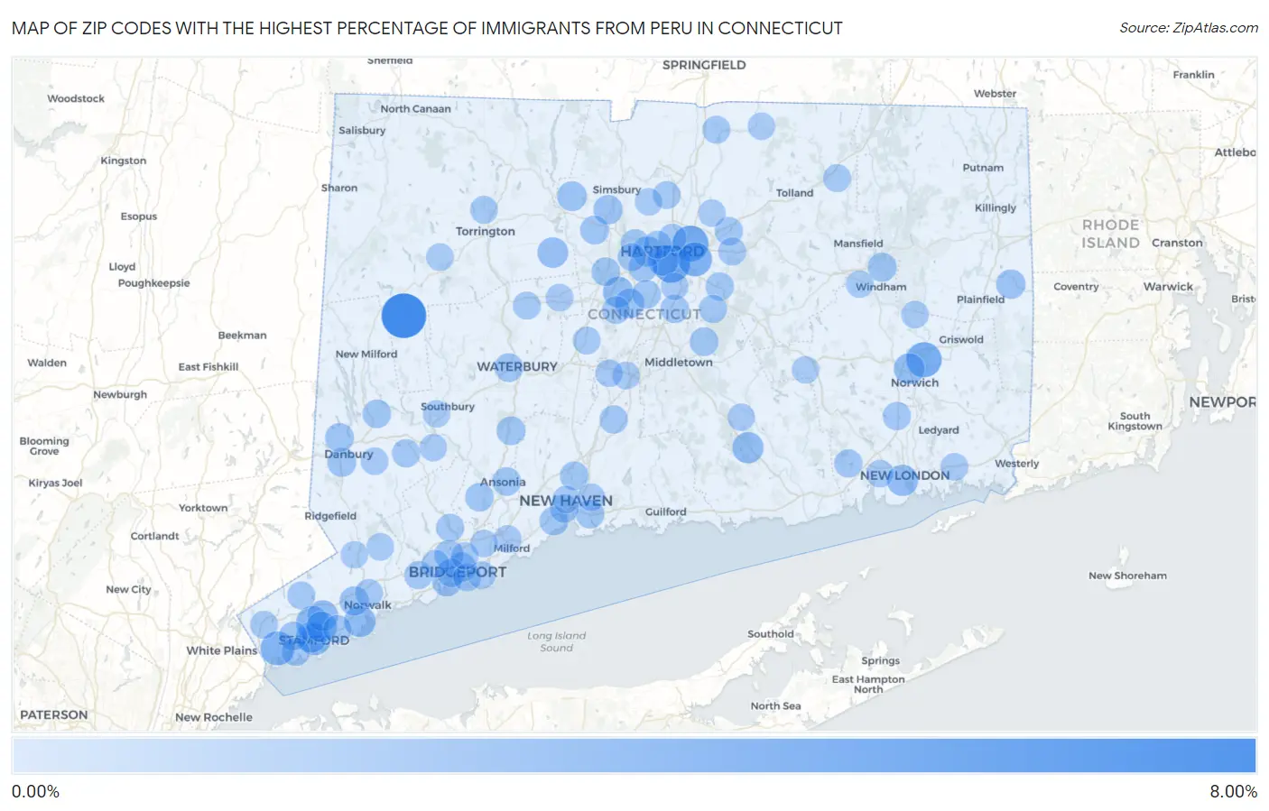 Zip Codes with the Highest Percentage of Immigrants from Peru in Connecticut Map