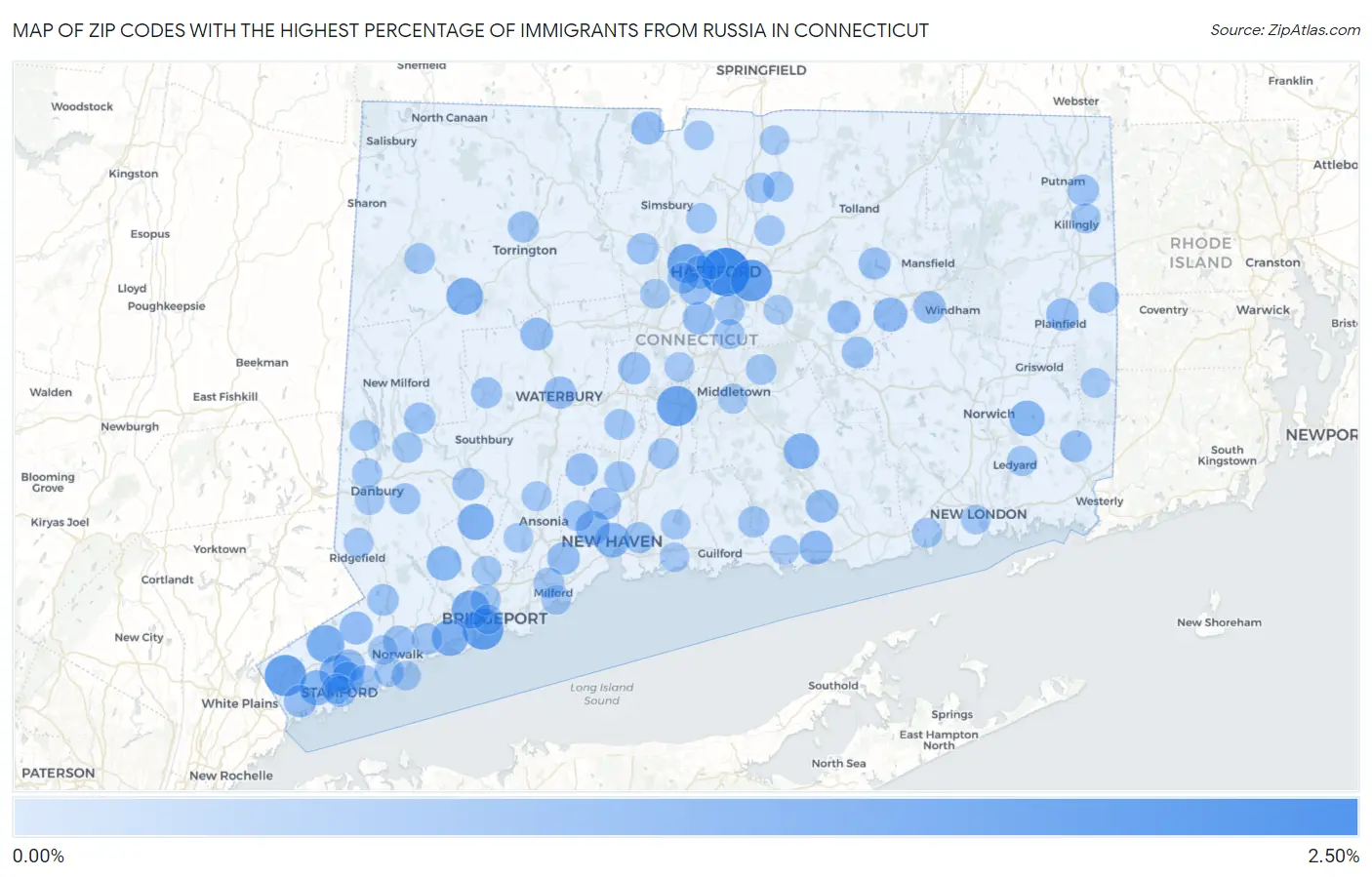 Zip Codes with the Highest Percentage of Immigrants from Russia in Connecticut Map