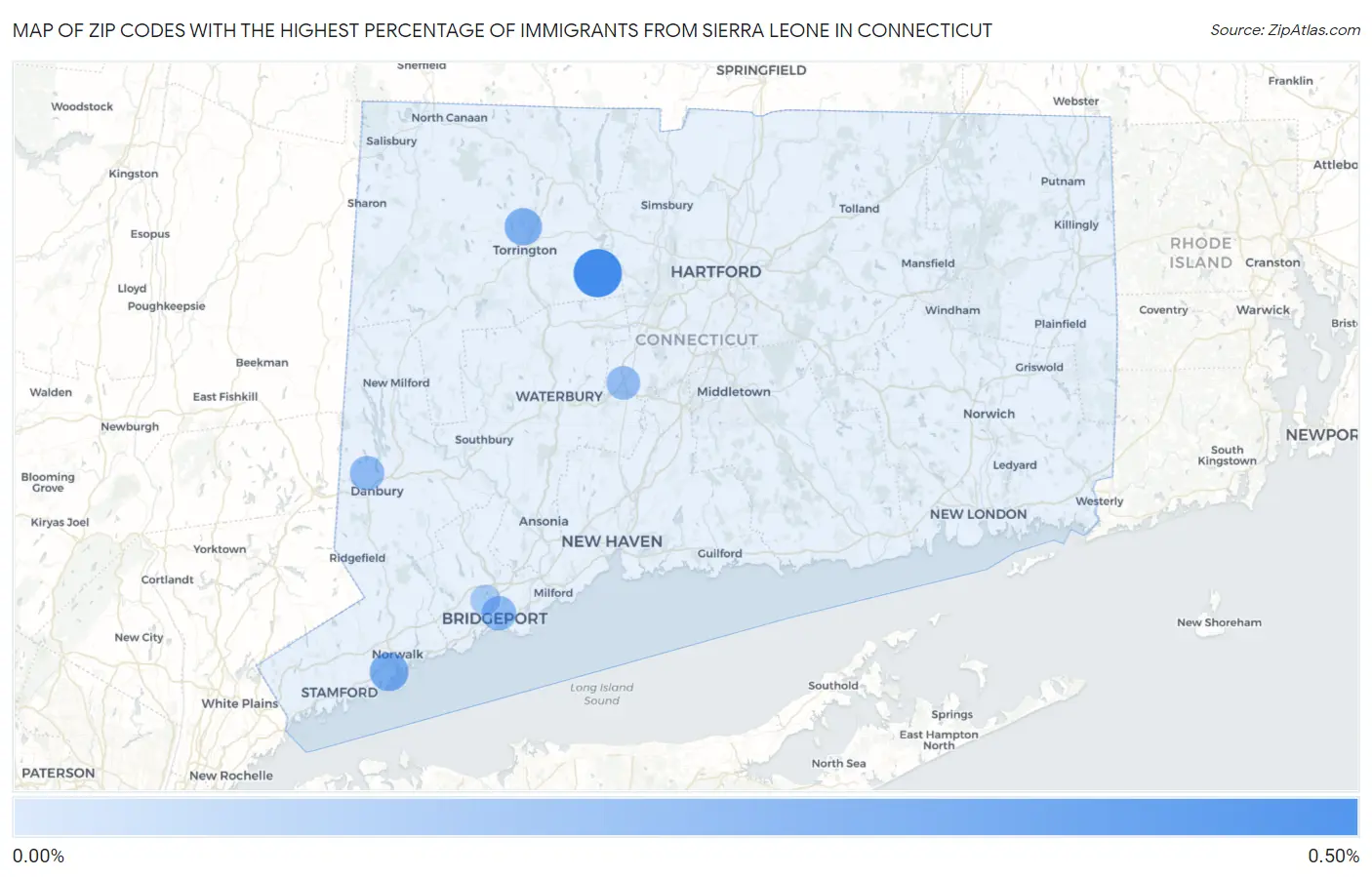 Zip Codes with the Highest Percentage of Immigrants from Sierra Leone in Connecticut Map