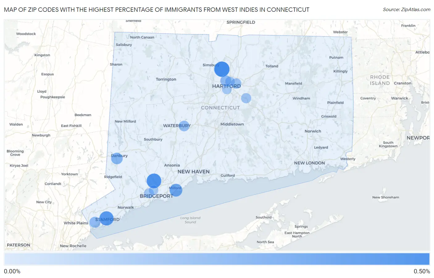 Zip Codes with the Highest Percentage of Immigrants from West Indies in Connecticut Map