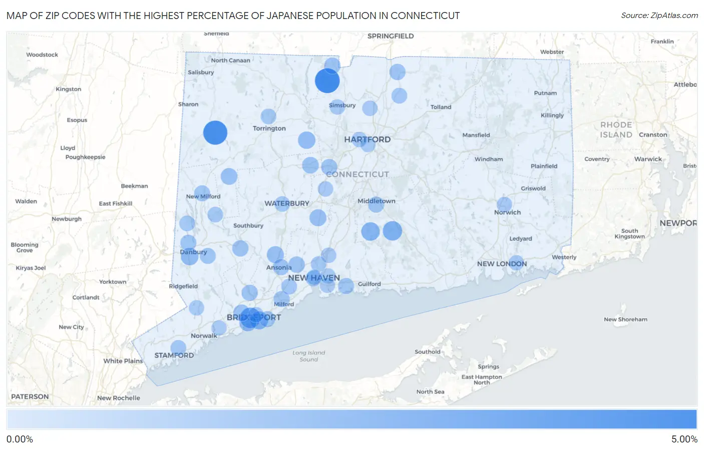 Zip Codes with the Highest Percentage of Japanese Population in Connecticut Map
