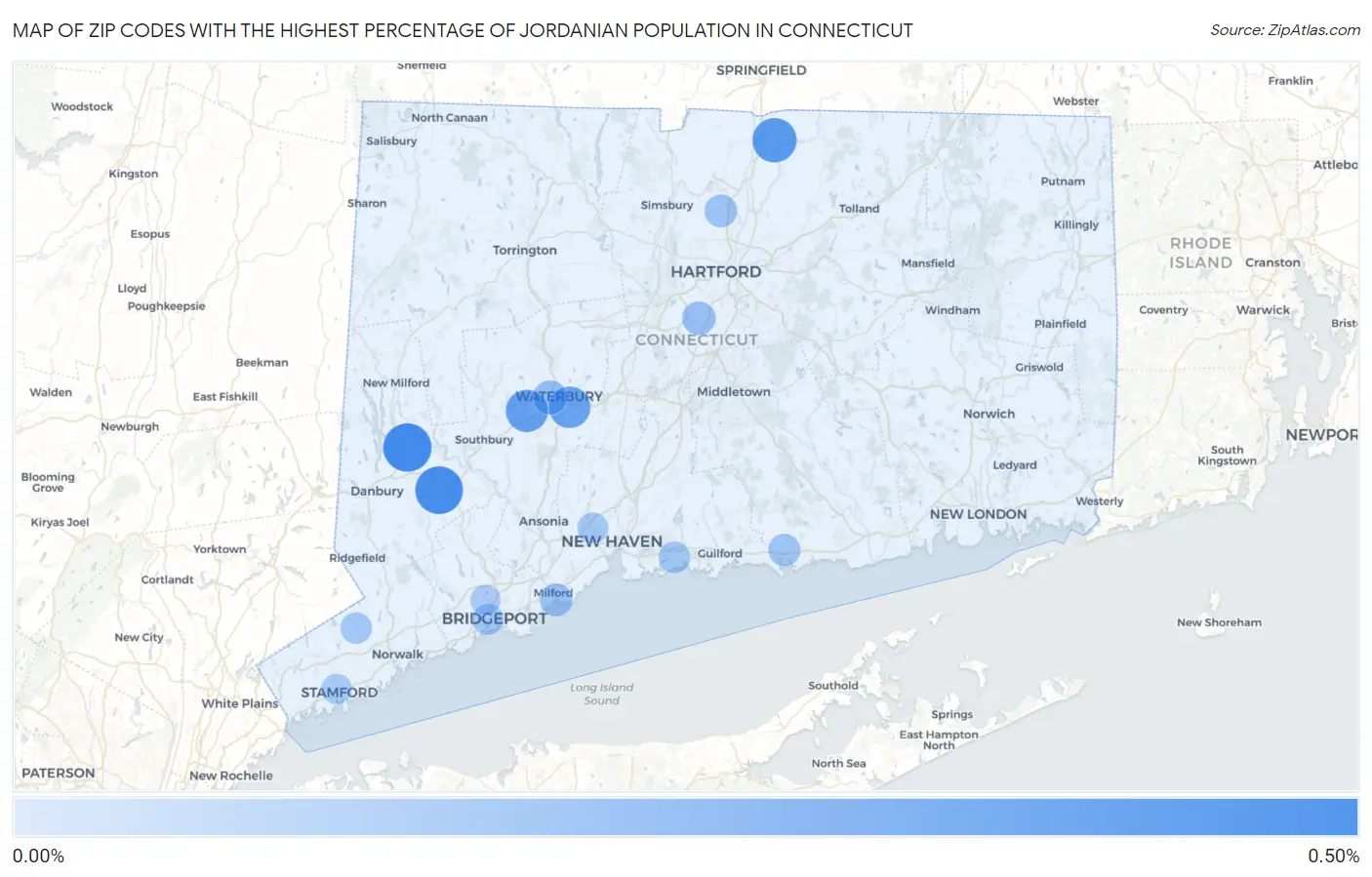 Zip Codes with the Highest Percentage of Jordanian Population in Connecticut Map