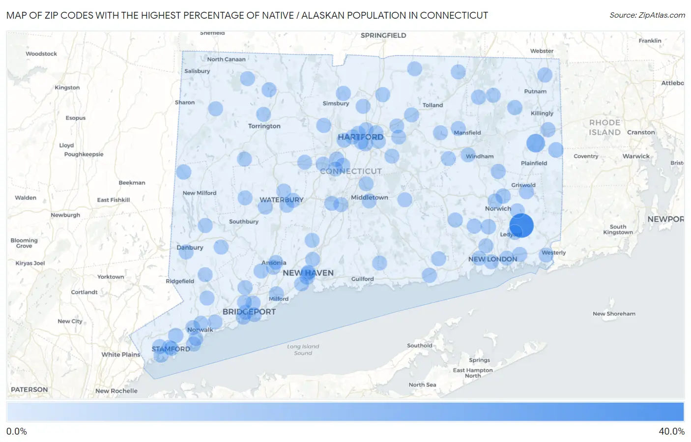 Zip Codes with the Highest Percentage of Native / Alaskan Population in Connecticut Map