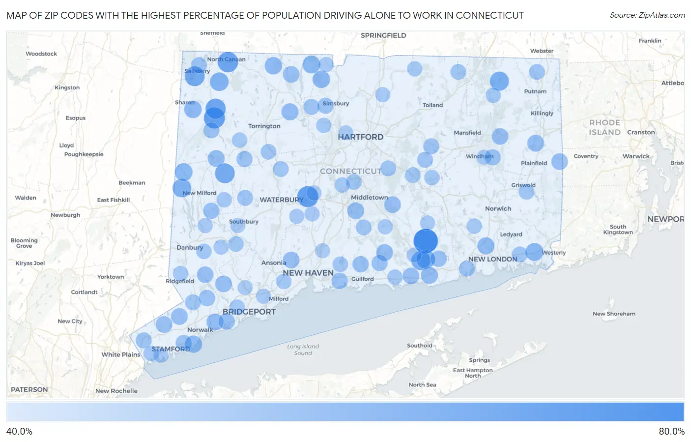 Zip Codes with the Highest Percentage of Population Driving Alone to Work in Connecticut Map
