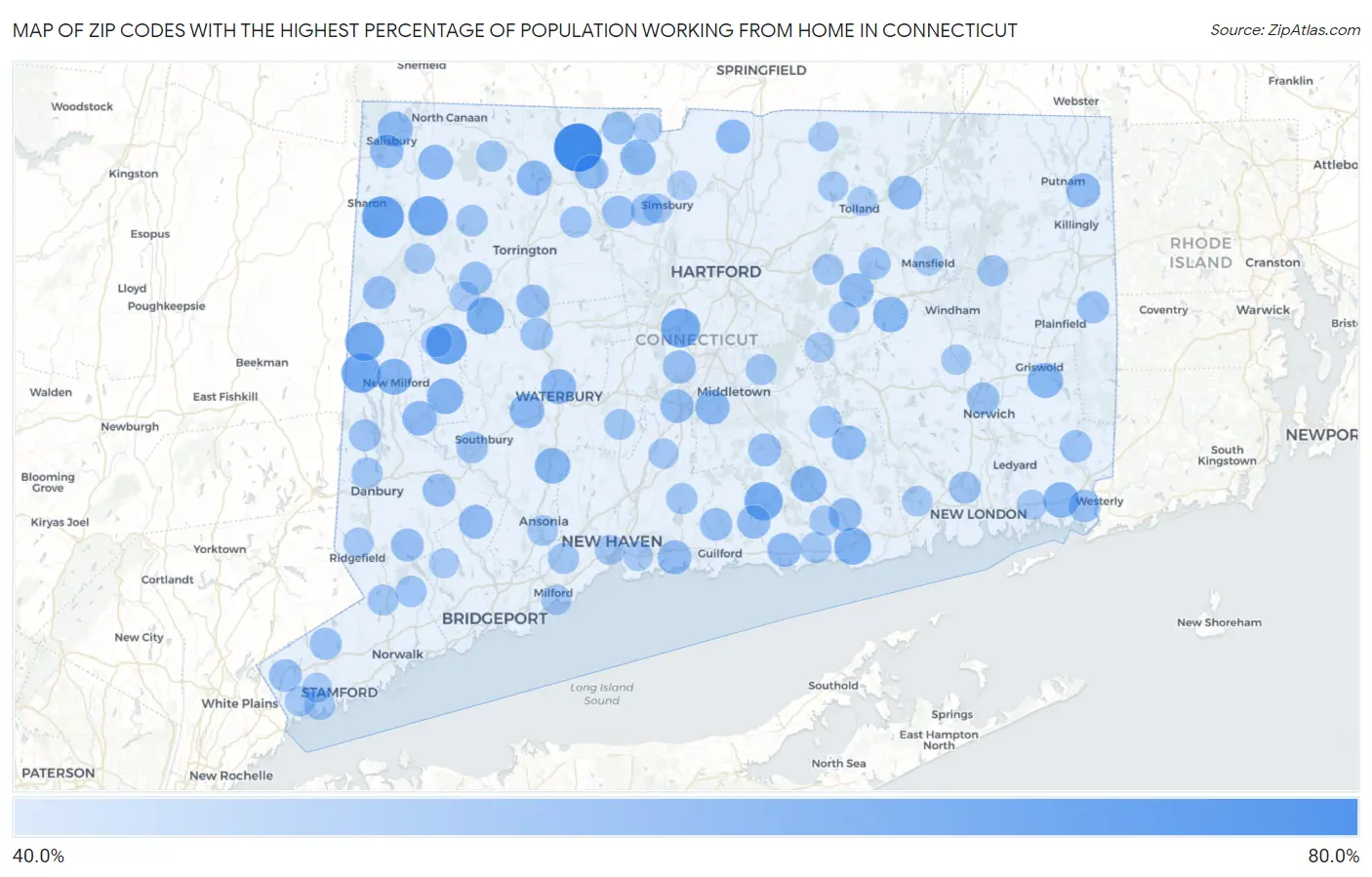 Zip Codes with the Highest Percentage of Population Working from Home in Connecticut Map