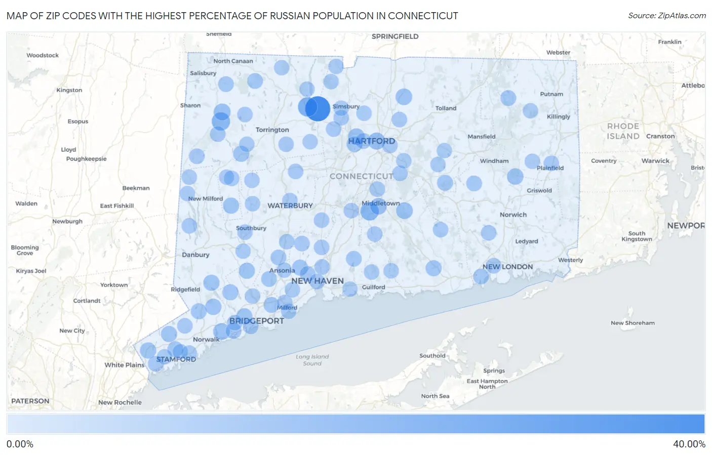Zip Codes with the Highest Percentage of Russian Population in Connecticut Map