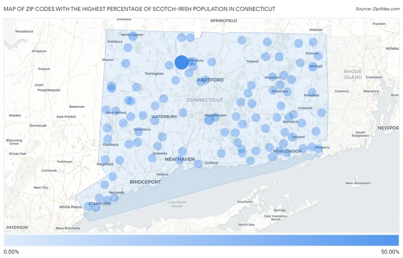 Zip Codes with the Highest Percentage of Scotch-Irish Population in Connecticut Map