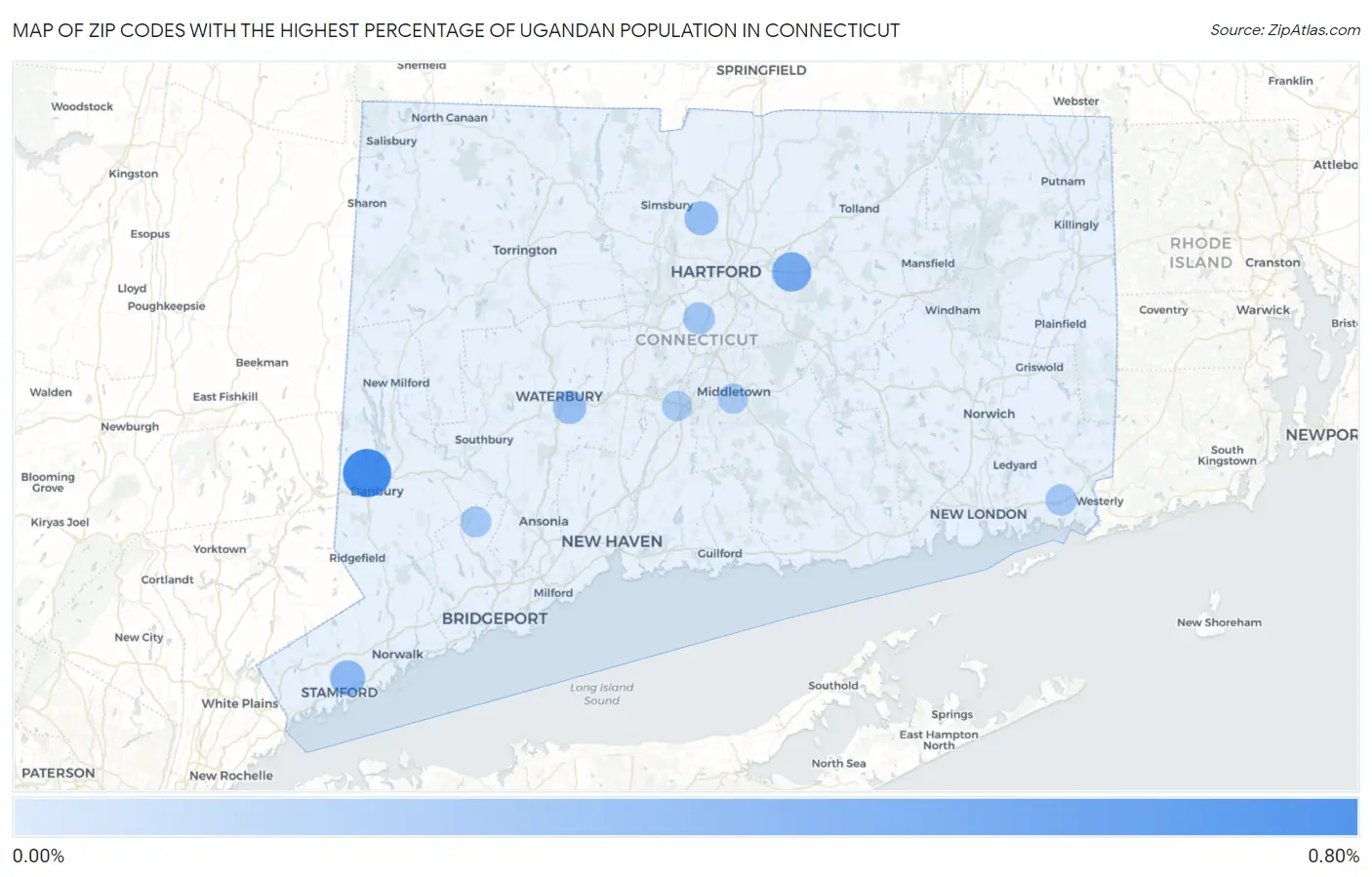 Zip Codes with the Highest Percentage of Ugandan Population in Connecticut Map