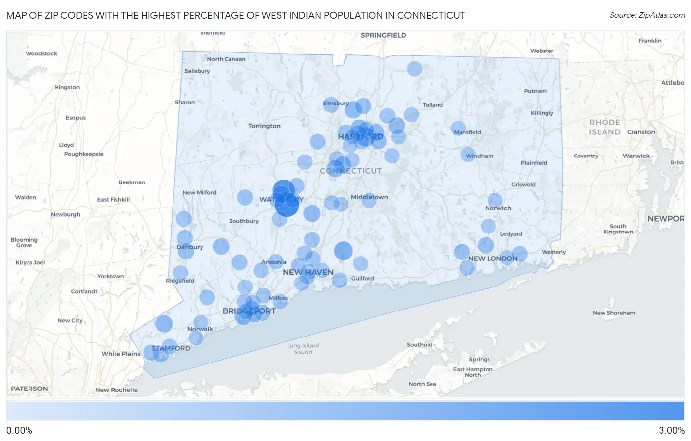 Zip Codes with the Highest Percentage of West Indian Population in Connecticut Map