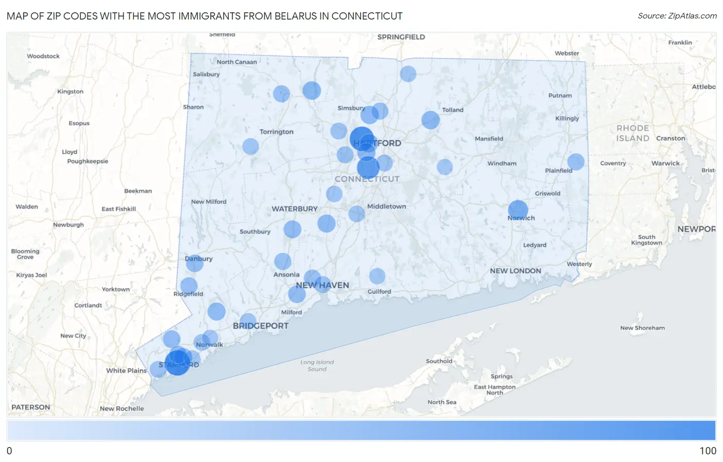 Zip Codes with the Most Immigrants from Belarus in Connecticut Map