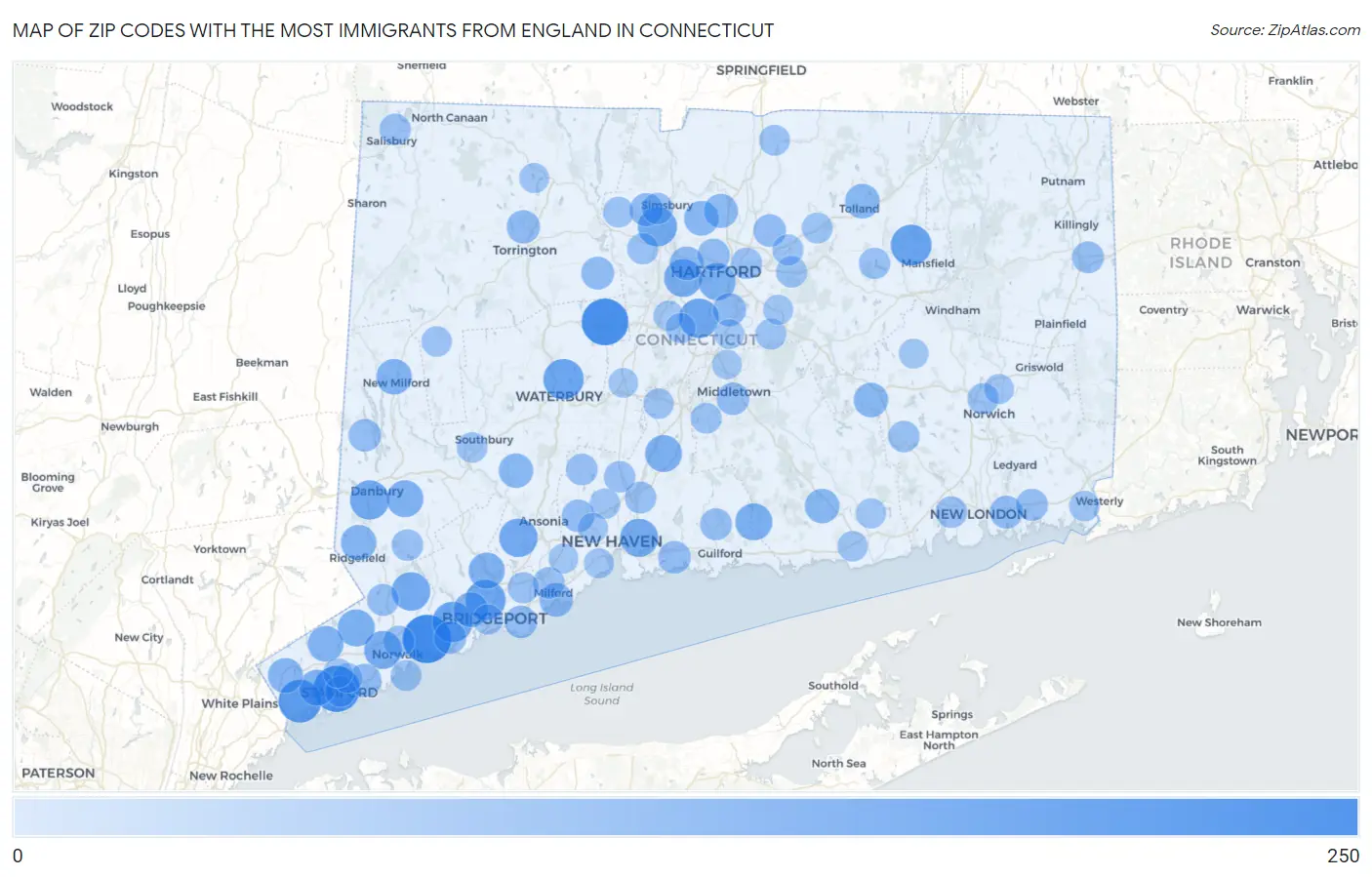 Zip Codes with the Most Immigrants from England in Connecticut Map