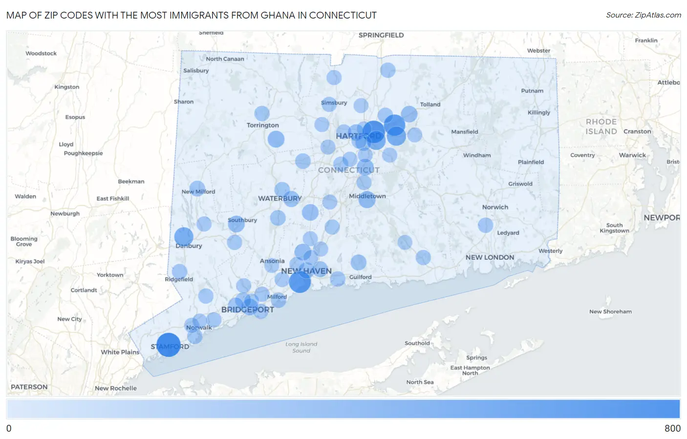 Zip Codes with the Most Immigrants from Ghana in Connecticut Map