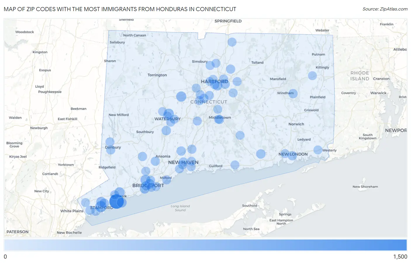 Zip Codes with the Most Immigrants from Honduras in Connecticut Map