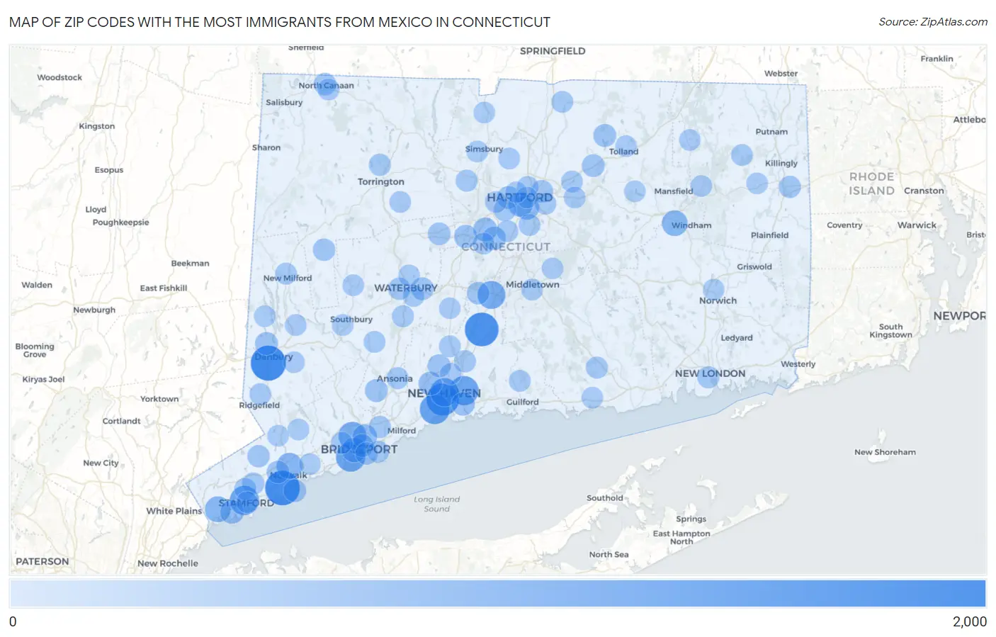 Zip Codes with the Most Immigrants from Mexico in Connecticut Map