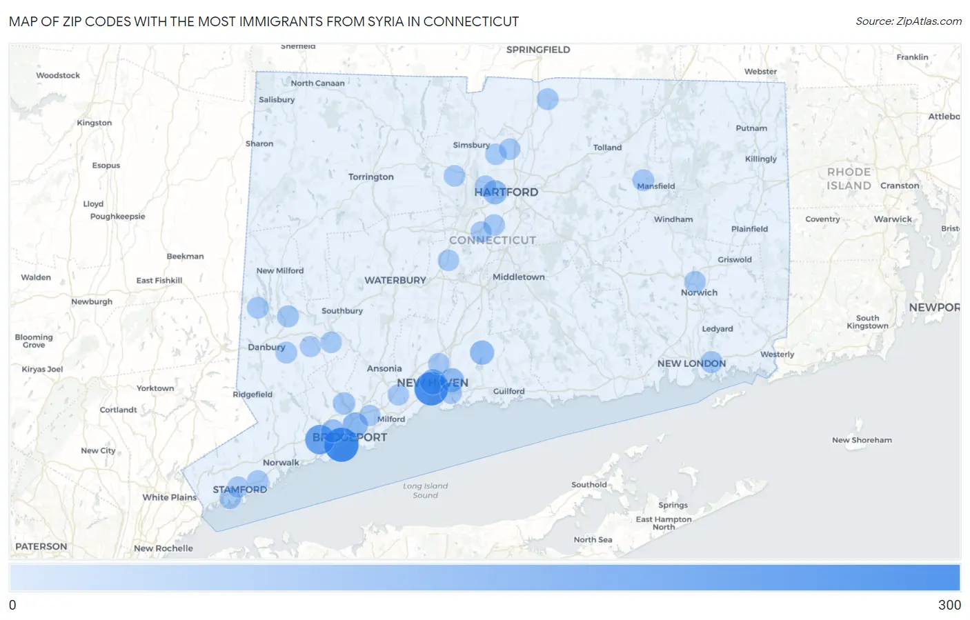 Zip Codes with the Most Immigrants from Syria in Connecticut Map