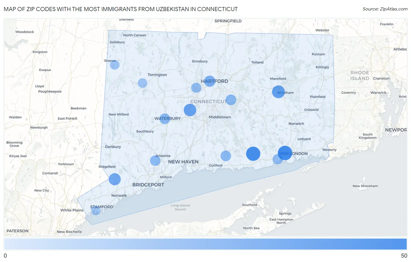Zip Codes with the Most Immigrants from Uzbekistan in Connecticut Map