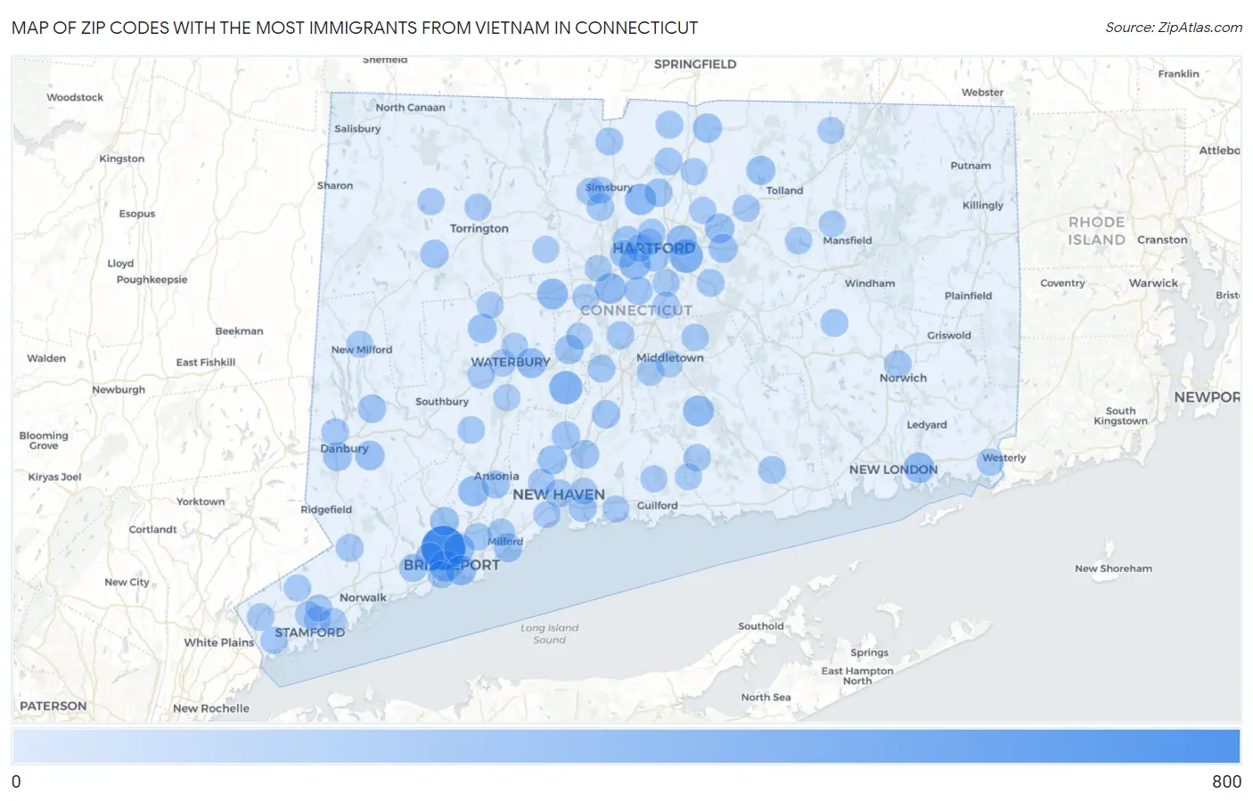 Zip Codes with the Most Immigrants from Vietnam in Connecticut Map