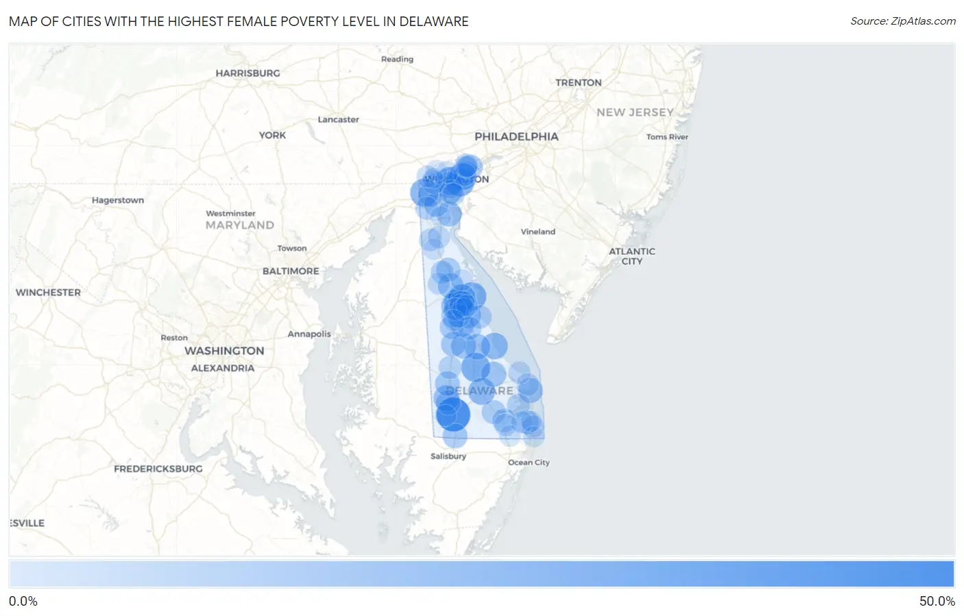 Cities with the Highest Female Poverty Level in Delaware Map