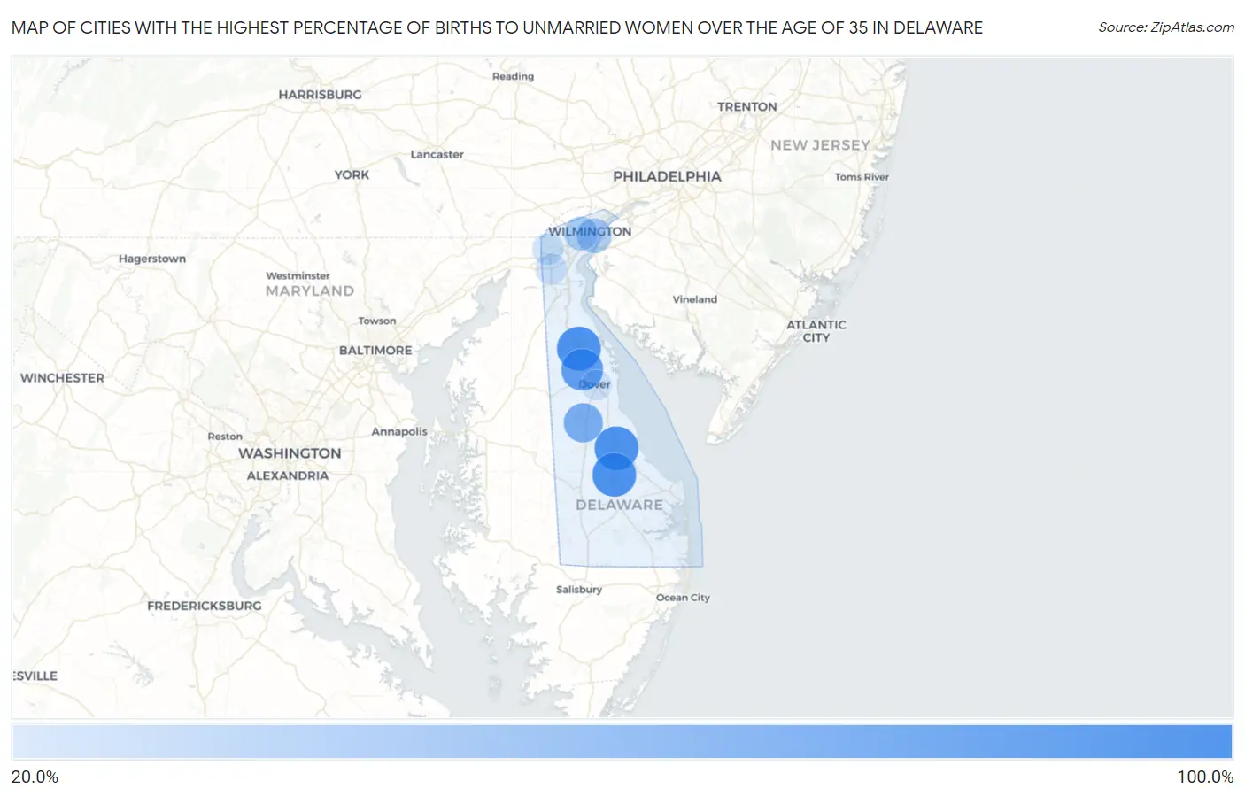 Cities with the Highest Percentage of Births to Unmarried Women over the Age of 35 in Delaware Map