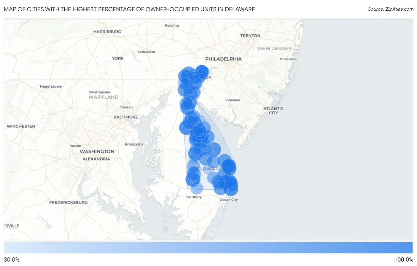 Cities with the Highest Percentage of Owner-Occupied Units in Delaware Map