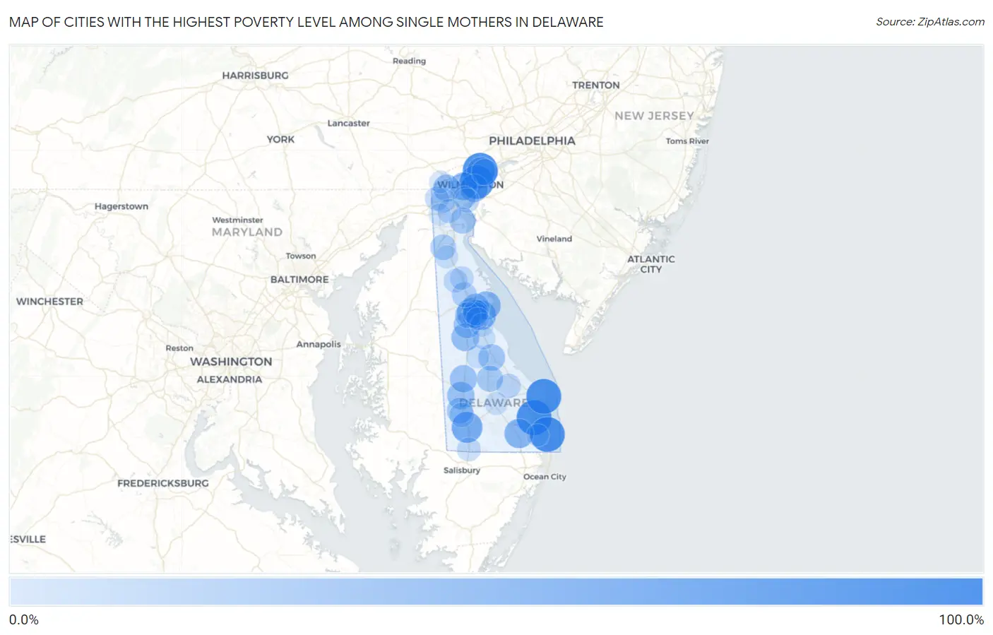 Cities with the Highest Poverty Level Among Single Mothers in Delaware Map