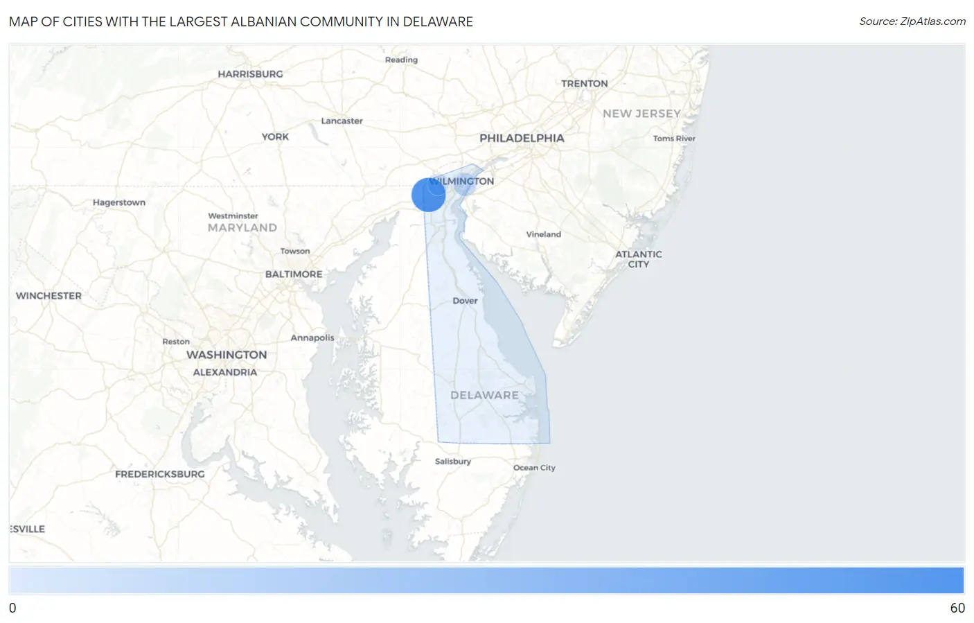 Cities with the Largest Albanian Community in Delaware Map