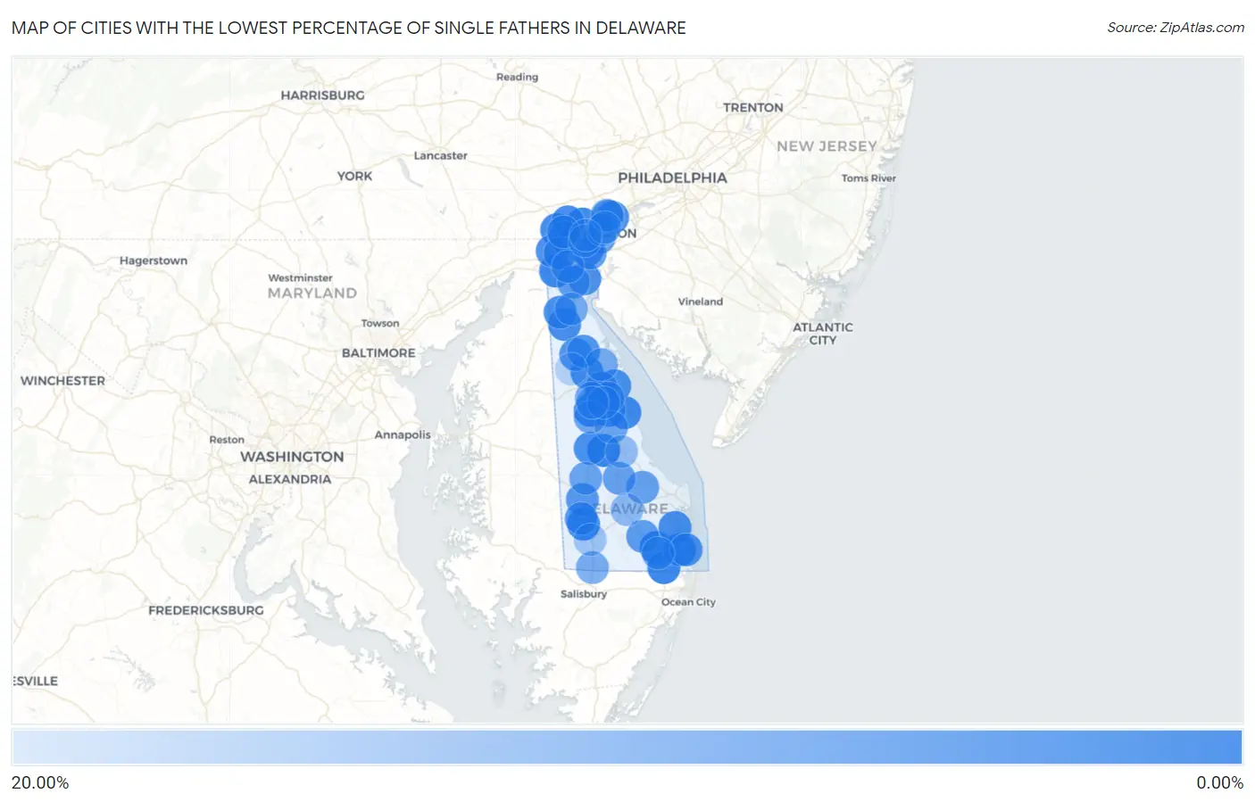 Cities with the Lowest Percentage of Single Fathers in Delaware Map