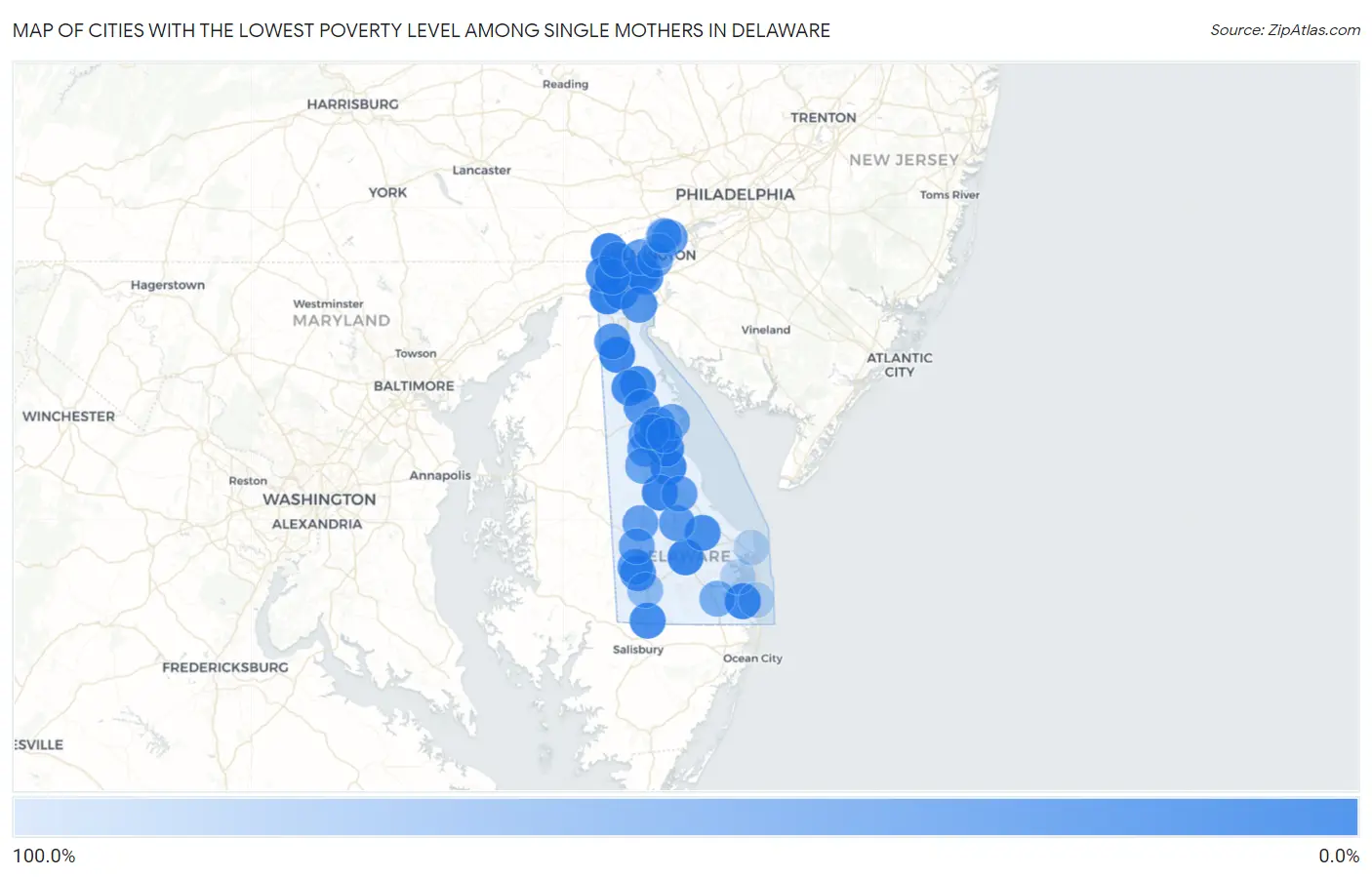 Cities with the Lowest Poverty Level Among Single Mothers in Delaware Map