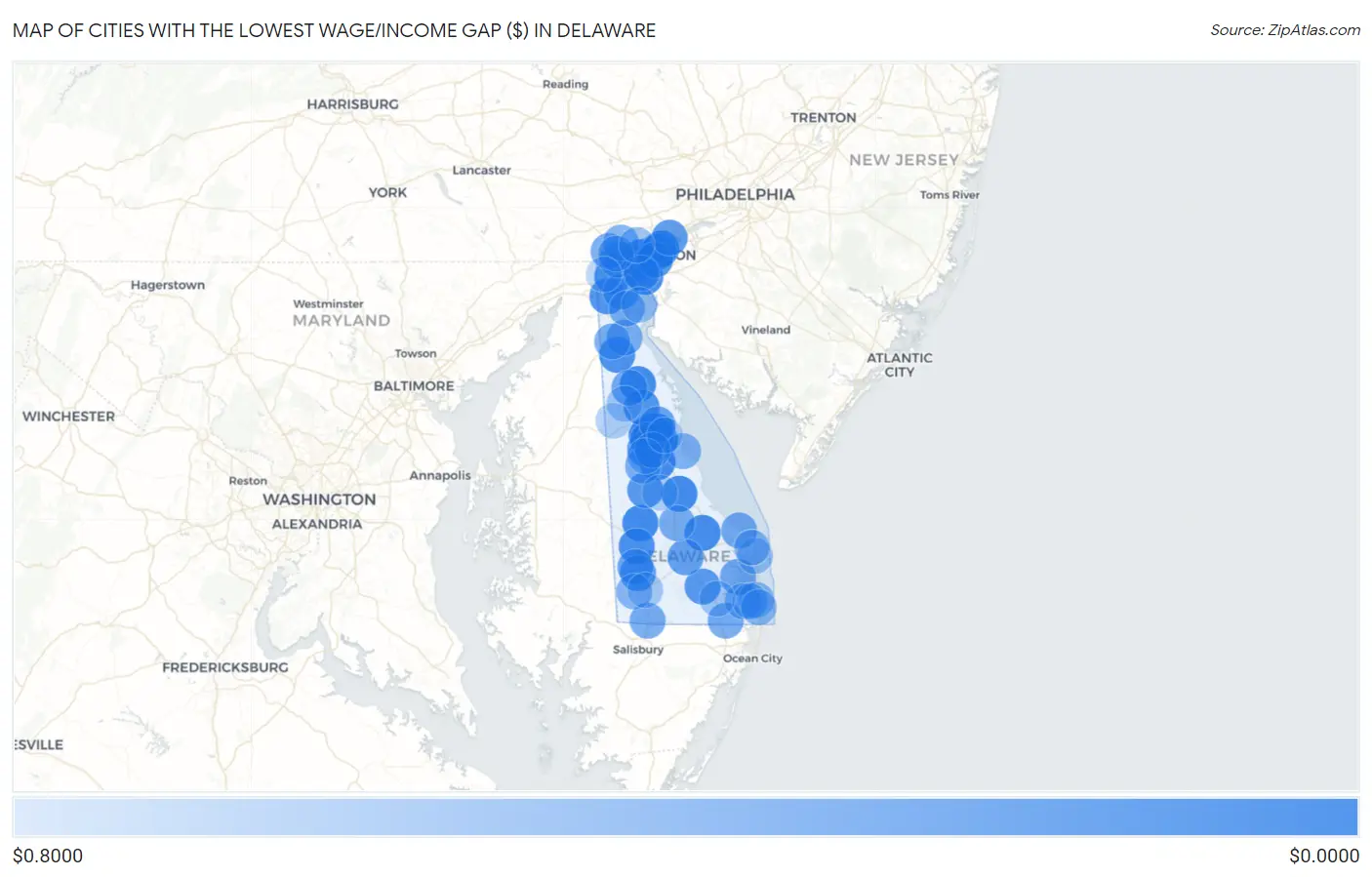 Cities with the Lowest Wage/Income Gap ($) in Delaware Map
