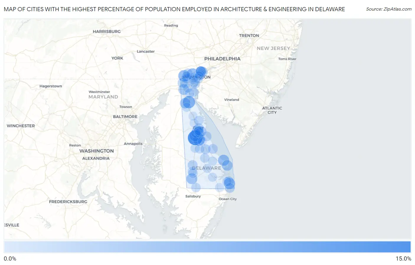 Cities with the Highest Percentage of Population Employed in Architecture & Engineering in Delaware Map