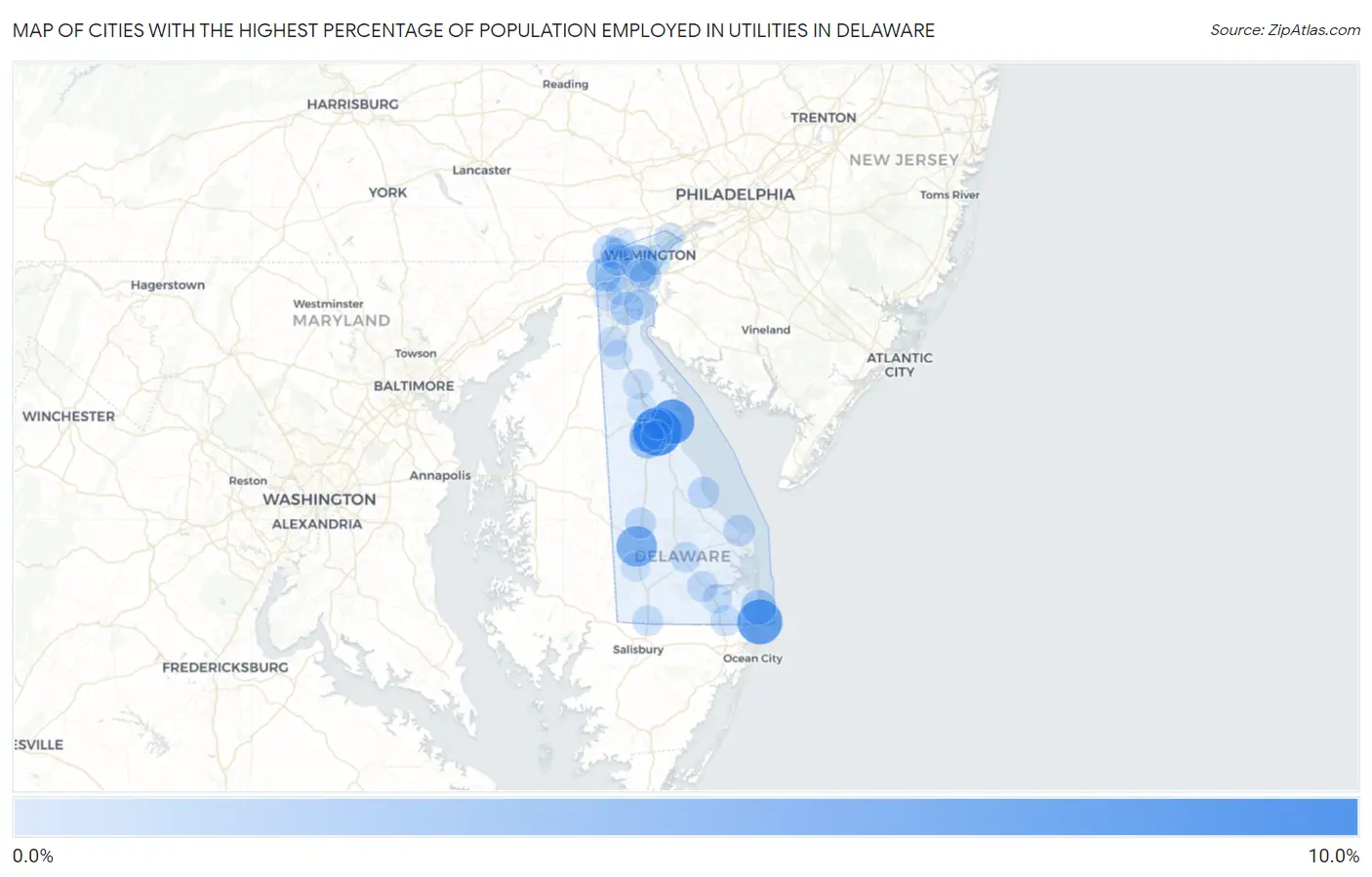 Cities with the Highest Percentage of Population Employed in Utilities in Delaware Map